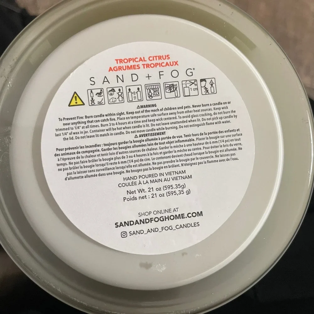 Sand + Fog Tropical Citrus 3-Wick Scented Candle 21oz Wood Lid Natural Wax Blend
